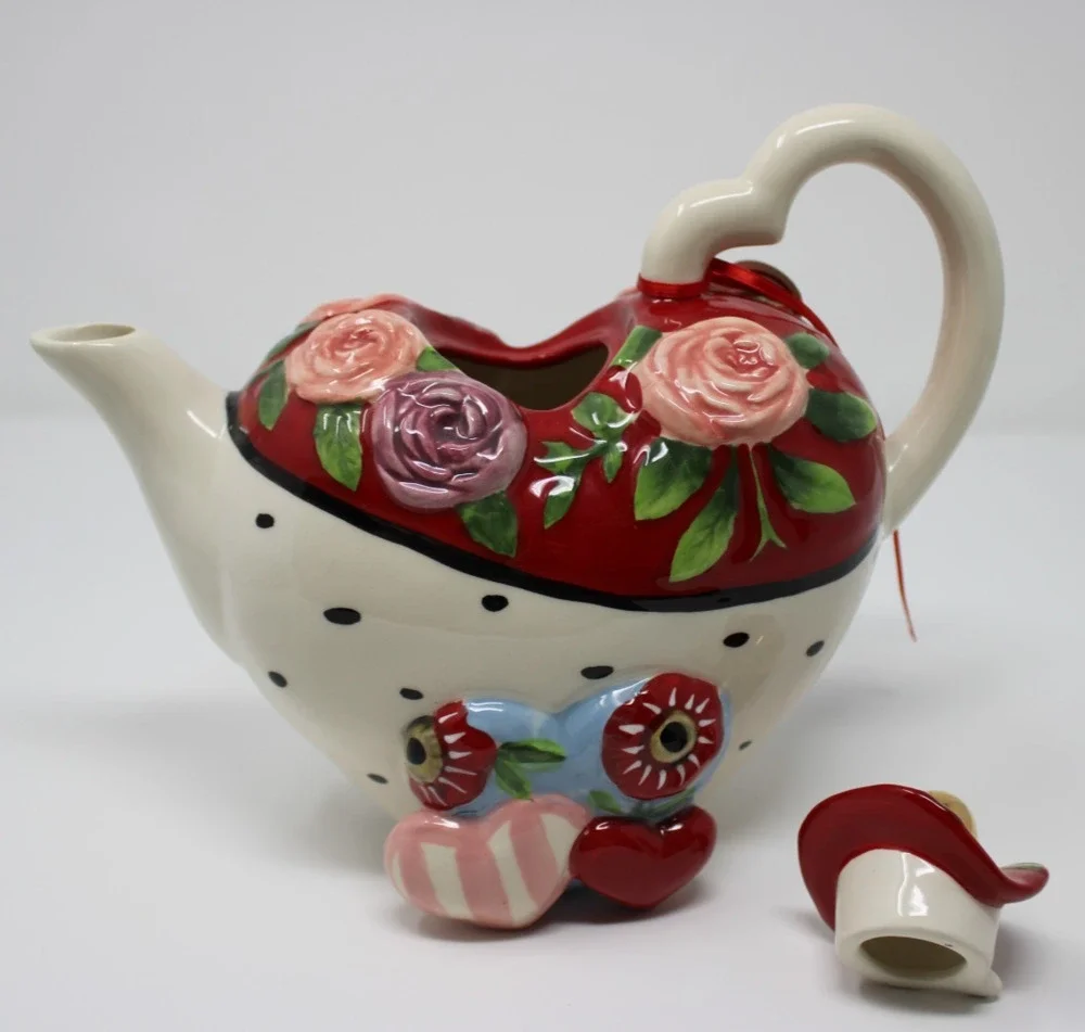 Blue Sky Clayworks “Be Mine” Heart Teapot – 2020, Floral, 9x6–7.5”, 2 lbs